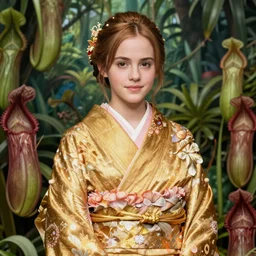 asian japanese emma watson wearing golden furisode, rafflesia, nepenthes, jungle background, intricate, highly detailed, concept art, sharp focus, illustration, artgerm, ruan jia, jurgens, aleksi briclot, mucha