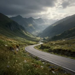 high alpine landscape with windy road, unreal engine, high quality digital art, dramatic lighting, photo realism