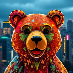 portrait of haribo bear in future city, color and shape focus, central co