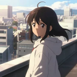 anime visual portrait of a young black haired girl wearing hoodie sightseeing above the urban city school rooftop sunny day cute face dramatic lighting dynamic perspective strong silhouette kyoto animation