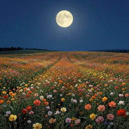 field of flowers at night, lit by moonlight, grand landscape art by donato giancola and greg rutkowski, vintage retro, digital art, trending on artstation, symmetry!!, epic composition