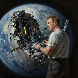 beatitudes painting of ruins on a planet with broken advanced technology with led lights working, epic composition, epic lighting, by christopher nolan
