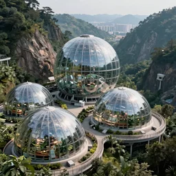 vertical farm domes next to sci - fi nuclear cuboid glass containment building in a steep sided valley with trees and a city in the distance, a sense of hope and optimism, hyper realistic, high res, 4 k, lit from above, edouard groult, bynde, kirill leonov, isaac zuren