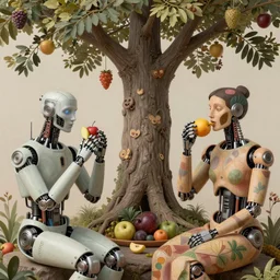 hyperdetailed photorealistic cyborgs under a big tree, eating interesting elaborate fruits. in the style of Caravaggio and Paul Gauguin, with liberty cyberpunk and flemish baroque mixed media elements. soft pastel tones. matte background HD 8x