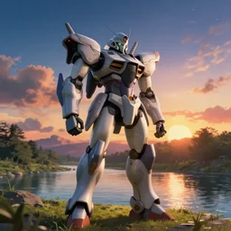 Mecha standing near the river, beautiful landscape made by Studio Ghibli, volumetric lighting, highly detailed art, concept art, Greg Rutkowski, Ayami Kojima, James Jean, Yoshitaka Amano, sunset, beautiful scene, shooting stars, sharp focus, smooth, 8k, anime art,depth of field, dynamic sky