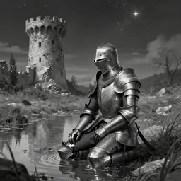 a knight in full plate armor, sitting on his knees in a small pond, with a crumbling tower in the background, and stars in the night sky. Monochromatic, dreamlike, in the style Hakob Minasian and Christian Dimitrov and Artgerm, artstation, fantasy
