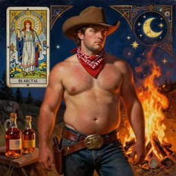 a dramatic, epic, ethereal painting of a handsome thicc shirtless cowboy with a beer belly wearing a large belt and bandana | background is a late night campfire with food and jugs of whisky | homoerotic | fire, flames, stars, tarot card, art deco, art nouveau, mosaic, intricate | by mark maggiori, by bill ward | trending on artstation