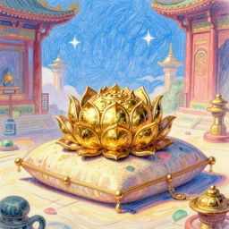 a pastel illustration in the style of noriyoshi ohrai and mark tedin of an ancient holy gilded metal lotus artifact that sits in a temple on pillow. key art. 4 k retrofuturistic fantasy