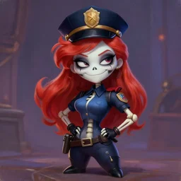 cute & beautiful smug smiling undead skeleton girl with very attractive face and red hair dressed as a retrofuturist police officer, elegant, digital art, fullbody painting, fantasy, pixar style, painting, pin up, highly detailed, artstation, art by artgerm, vrubel, greg rutkowski, ilya kuvshinov, raymond swanland