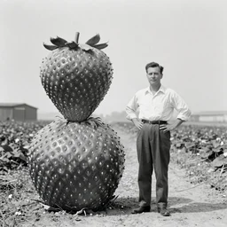 vintage, black and white photograph of a man standing proudly next to a two - story - tall strawberry