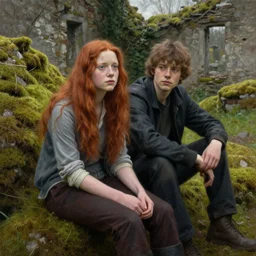 a well - lit, realistic portrait oil painting of a thoughtful young, shy, redheaded irish alicia vikander and her boyfriend sitting together in moss - covered ruins, highly detailed, intricate, concept art, artstation, by donato giancola, ron cobb, and artgerm