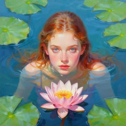 girl floating in water, serious, with waterlily flower, bright colors, painting, detailed, magical environment, peaceful, beautiful, artwork, realistic detail