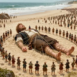 the gigantic unconscious body of lemuel gulliver lies on a beach surrounded by hundreds of tiny lilliputians, some standing on him. gulliver is being tied to the beach with hundreds of rope lines being held down by the lilliputians, the scene is cinematic and hyperreal, gulliver ’ s travels