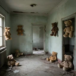 interior of an abandoned house, lot of creepy teddy hang on the wall, a gaint whale corpse on ground, strong sunlight, 8 k, unreal engine.