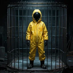 hazmat suit guy, backrooms entity in cage, in the backrooms, composition