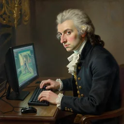 mozart playing video games, old painting, highly detailed
