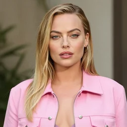 portrait of Margot Robbie wearing pink jacket with the body of Demi Rose, by Charlotte Grimm, natural light, detailed face, CANON Eos C300, ƒ1.8, 35mm, 8K, medium-format print