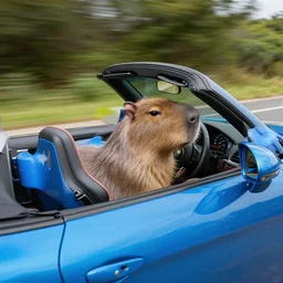 A highly detailed photograph of a capybara driving a blue convertible sports car at high speeds