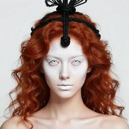 a single fierce looking beautiful young woman with curly red hair and symmetrical white makeup, tied up with black rope, wearing an intricate headdress made from bones and leather, painted by makoto shinkai, studio ghibli, intricate linework, unreal engine 5 highly rendered, global illumination, radiant light, detailed and intricate environment