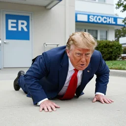 Donald trump crawling outside of a hospital on the sidewalk, ER sign, very detailed,