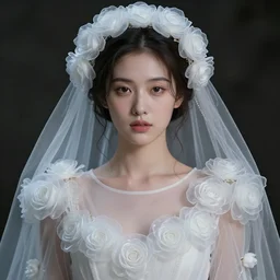 7 0's style : a wonderful realistic focused sweet face mid portrait of a beautiful symmetrical lonely woman with a detailed wonderful symmetrical face who is dressed with a wonderful, majestic, large semi transparent white cotton dress ornate with semi transparent cotton roses and semi transparent white veils, dramatic light, octane render - 8 k