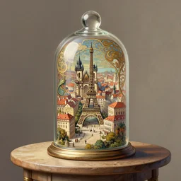 a table with a large bell jar containing a tiny city resembling prague, paris, and venice. intricate, elegant, highly detailed, digital painting, artstation, concept art, smooth, sharp focus, colored illustration for tattoo, art by krenz cushart and artem demura and alphonse mucha,