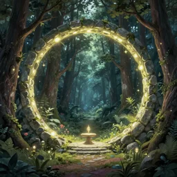 Fantasy Magical fairy-tale glowing stone portal in the forest. Round stone portal teleport in trees to other worlds. Fantastic landscape. Magic Altar in the fores, highly detailed, digital painting, artstation, concept art, smooth, sharp focus, illustration, art by  alphonse mucha