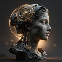 epic illustration, digital abstract sculpture of beautiful female face silhouette and black swirling liquifying concrete acrylic portrait, sculpt, octane render, mechanical superstructure, sacred geometry, glowing edges, magic hour, beautiful light, sculpture of carving marble, dark colors, dark mood, one point light, golden spirals, clockwork, epic matte painting, concept art, bokeh, digital painting, artstation