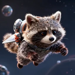 rocket raccoon with jet pack flying in space, close up, quint buchholz, wlop, dan mumford, artgerm, liam brazier, peter mohrbacher, raw, featured on artstation, octane render, cinematic, rugged, intricate, 8 k