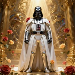 perfectly - centered!! looking at the camera!!! low - angle!! full body portrait of darth vader in the 1 5 th century dressed in white armor, clothed, with roses, wet, shiny, shiny skin, bright lighting, godrays, golden, baroque style, roses, intricate abstract upper body intricate artwork, by tooth wu, wlop, beeple, dan mumford. concept art, octane render, deviantart, greg rutkowski, cinematic arthouse, key art, hyper realism, iridescent accents