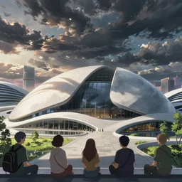 Panorama view of an anime scenery by cyril rolando and naomi okubo and dan mumford and zaha hadid