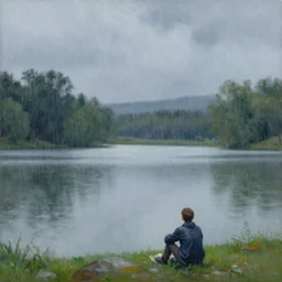 rainy day by the lake, painting by thomas kinkade an h. r. giger