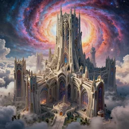 stunning shocking chaos realm castle in the nebular vortex, art nouveau architecture, massive ramparts, hyperdetailed infrastructure by greg rutkowski, moebius and rodney matthews, artstation, epic psychedelic atmosphere, clouds, photorealism, complex color scheme, uhd