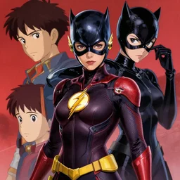female the flash, perfect face, high detail, intricate suit, dc comics, catwoman pose, studio muti, greg rutkowski makoto shinkai takashi takeuchi studio ghibli