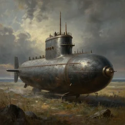 an old oil painting of a gothic submarine in a great steppe, trending on artstation by anton fadeev, matte painting, dynamic lighting, ultrarealistic, cinematic, octane render, unreal engine, 8 k