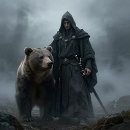 russian necromancer with bear, mysterious, fog, high quality, hyperrealism, ivan aivazovsky