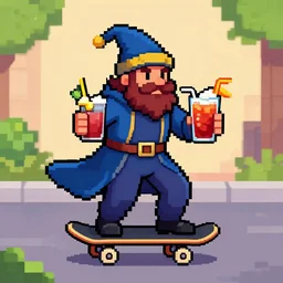 a wizard riding a skateboard while drinks a delicious michelada # pixelart