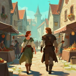 two fantasy adventurers, busy market street, medieval city, royo, greg rutkowski, digital art, cinematic, teal orange color palette