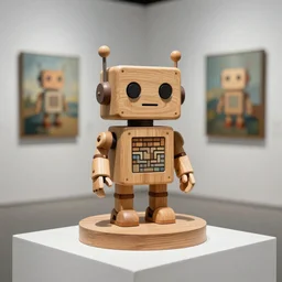 ultra realistic 8k octan photo, wooden art toys on base cute robot , concept art ,comtenporary art gallery-n6