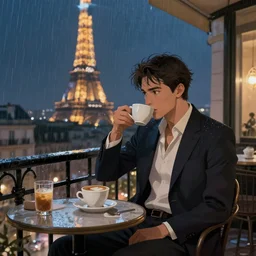 elegant man drinking coffee at balcony in france, city with eiffel tower seen behind, late night raining, detailed characters, by greg rutkowski, alphonse mucha, beeple, sharp focus, digital art, smooth, light refraction, pixiv art, volumetric lighting, makoto shinkai