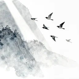 minimalist watercolor art of flocking birds on white background, illustration, vector art