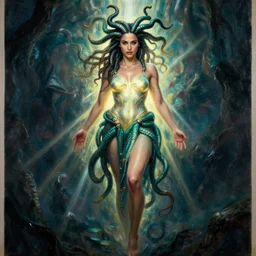 Full body photo of the beautiful woman Gal Gadot as a Medusa, she is looking straight to the camera, she has a glow coming from her, she is getting illuminated for rays of light, behind her is a scary atmosphere, the photo was taking by Annie Leibovitz, matte painting, oil painting, naturalism, 4k, 8k