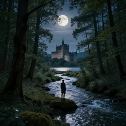A moonlit forest, a river running through it, and a lake in the distance, with a castle at its center, and a single, solitary figure standing in the middle of it all who is gazing out at the world