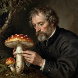 an artistic jean giraud portrait of paul stamets admiring the mushroom, renaissance themed