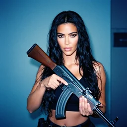 film still of kim kardashian holding an ak 4 7, ww 3, associated press, 2 6 mm, kodak ektachrome, blue tint expired film.