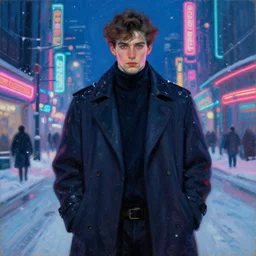 winter, attractive male, neon light, cyberpunk, painting by gaston bussiere, craig mullins, j. c. leyendecker