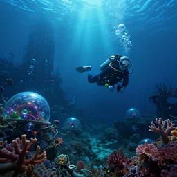 bioluminescent cyberpunk sealife, deep sea diver, extreme light, distant cyberpunk atlantis, organic, bio domes, coral, deep ocean, robotic, mariana trench midnight zone, bubbles, hyper realistic, hyper detailed, digital art, trending in artstation, studio quality, photorealistic, photo, by jesper ejsing, wlop, paul lehr