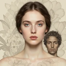 portrait study of a woman with floral background : : beauty fashion editorial : : by elena masci, tom bagshaw, giuseppe arcimboldo, android jones : : portrait, illustration, photorealism, hyperrealism, hyper - maximalist, surrealism, negative space, gestalts, intricate detail, line work, muted, natural tones