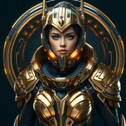 a digital concept art by artgerm, greg rutkowski and alphonse mucha. cyberpunk armor!! space traveller. proportional figure. delicate features. alluring. navigator gear, gold and platin plated, dark blue background, poster style, ultra realistic. ultra detailed, volumetric light. unreal engine. 8 k.