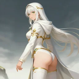 Pretty Female cleric, white robes, golden accents, green eyes, extremely detailed face!, young, 2 arms and 2 legs!, shaped derriere, looking from side and bottom!, high fantasy, by Albert Aublet, Krenz Cushart, WLOP, Sakimichan